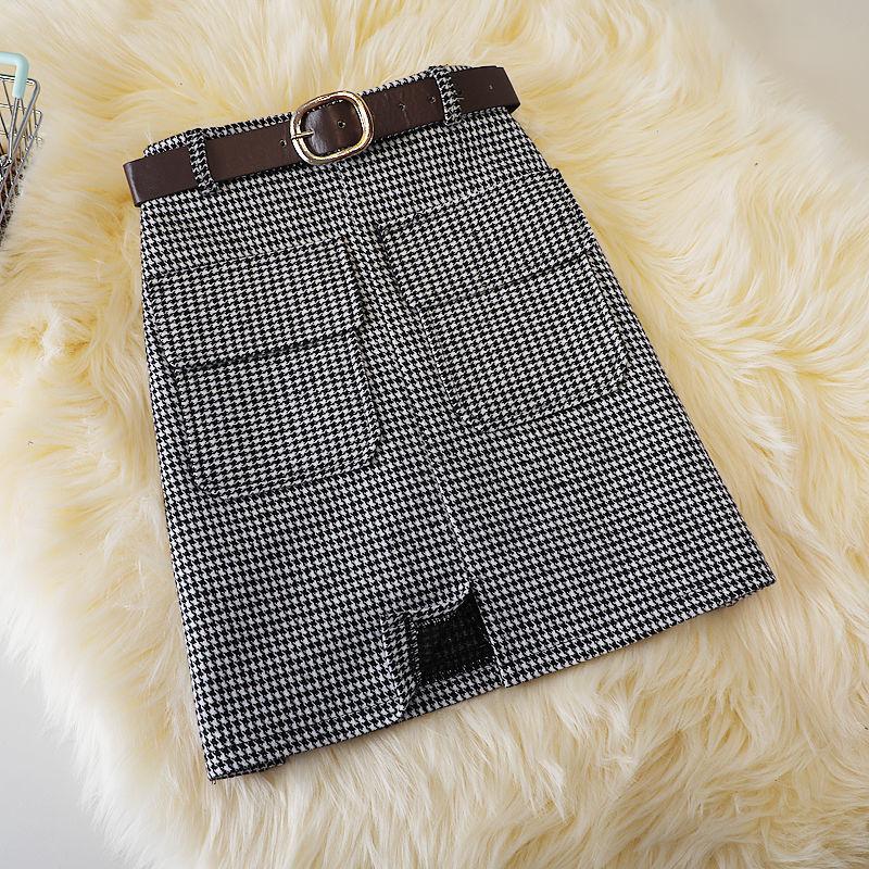 

Юбки с поясом из смеси шерсти в клетку, узкая юбка А-силуэта с завышенной талией и узором «гусиная лапка» M белый