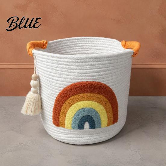 Decorative Laundry Hamper Large Cotton Woven Storage Basket Cartoon Embroidery Toy Organizer Bin Home Decor Basket Capacity with Reinforced Handles