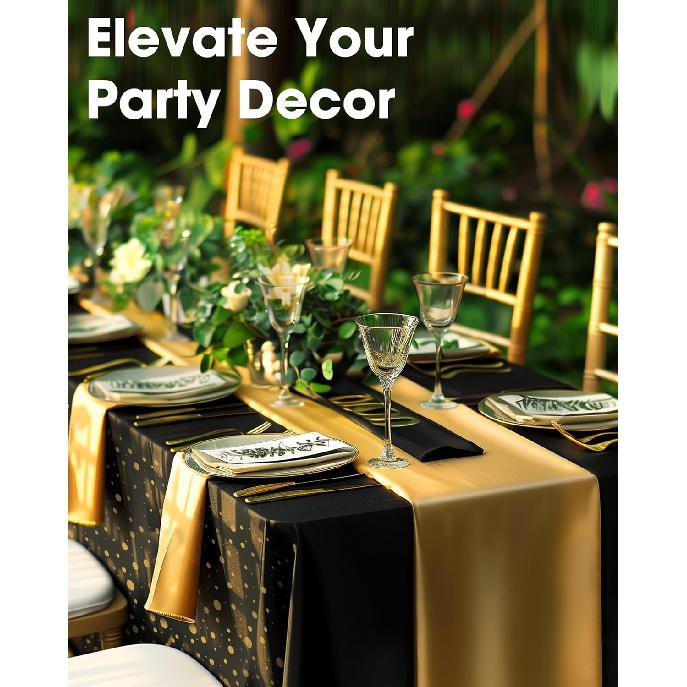 New Year Table Cloth for Rectangle Table and Table Runner Set - 3+3 Pack, Plastic Table Cloth Disposable, Black and Gold Tablecloth for Graduation