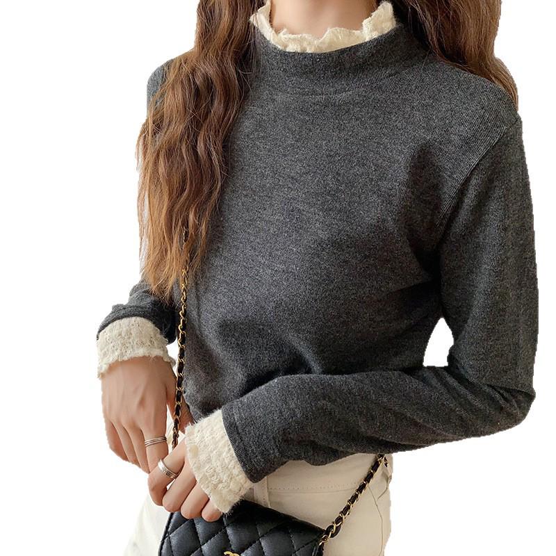 Niche Lace Ruffle Stand Collar Women's Plus Size Chic Slim-fit Winter Top
