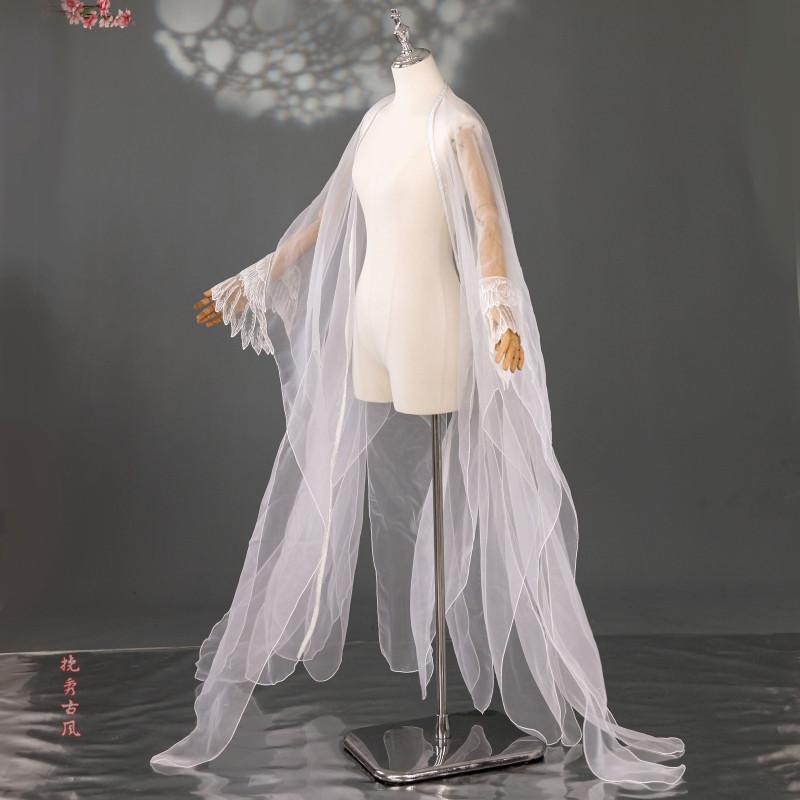 Sheer Tulle Long Cape With Butterfly Lace Cuffs Open Front Flowy Wrap Shawl For Hanfu Cosplay Wedding Photoshoot Outfit