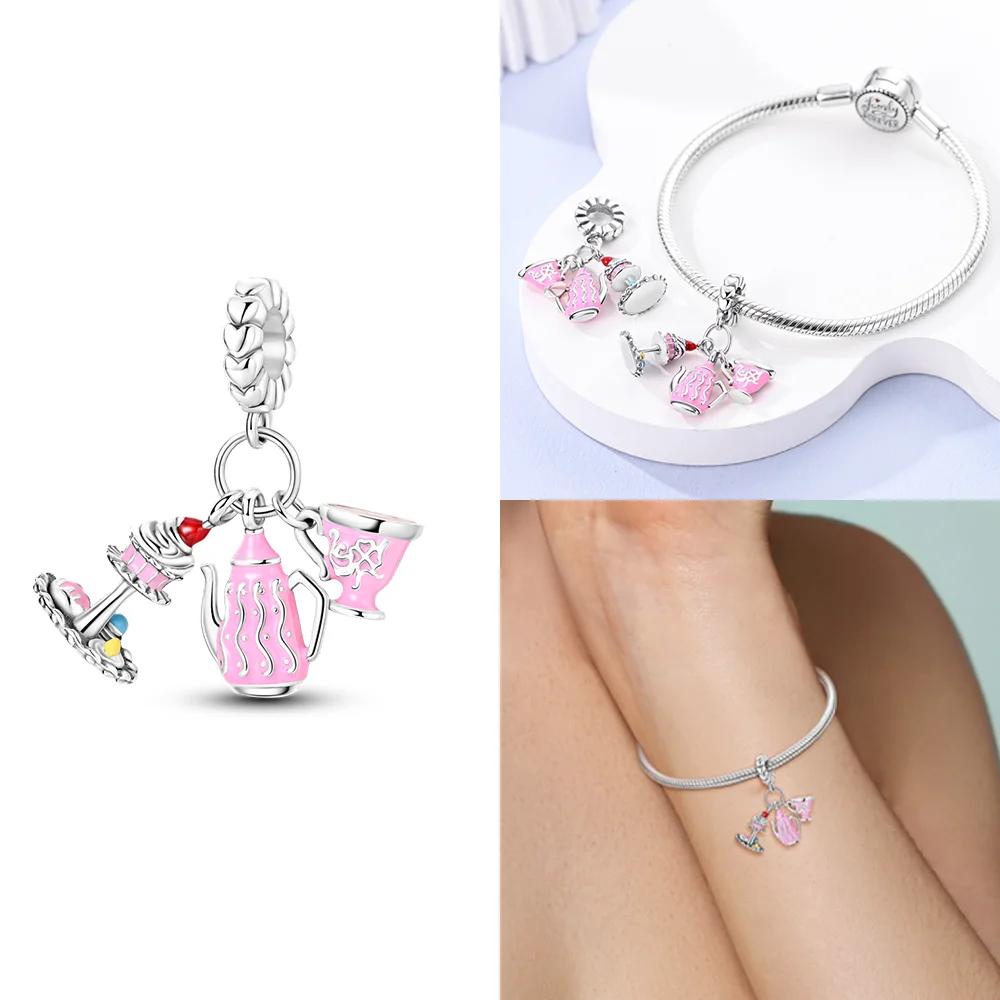 Original Charms Pink Colorful Doughnut Cake Ice Cream Coffee Cup Copper Beads Fit Women Bracelet Jewelry Diy Delicate Gift