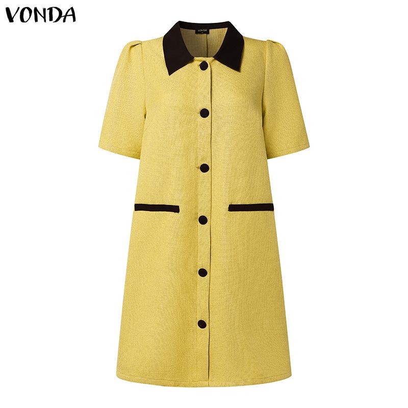 

VONDA Женское элегантное мини-платье с лацканами, короткими рукавами и контрастной строчкой, повседневное 5XL жёлтый