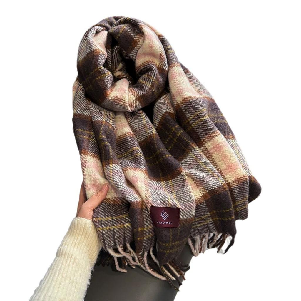 Autumn and Winter Scarf Women's Winter Double sided Plaid High End Tassel Thickened Warm Plum Sauce Purple Scarf