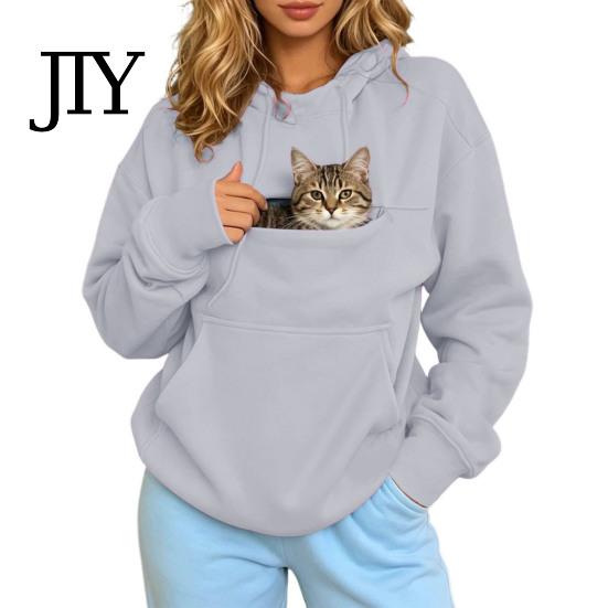 Casual Pullover Top Women Hoodie with Pet Pouch, Solid Color Hooded Sweatshirt Kangaroo Cat Pouch Pocket Pocket, for Carrying Small Dogs Cats