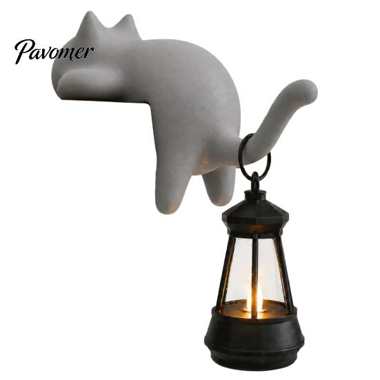 Retro Style Table Lamp Cat Shape Shelf Hook with LED Lantern, Vintage Decorative Light for Lovers Hanging Ornament, Soft Glow Night Bookshelves