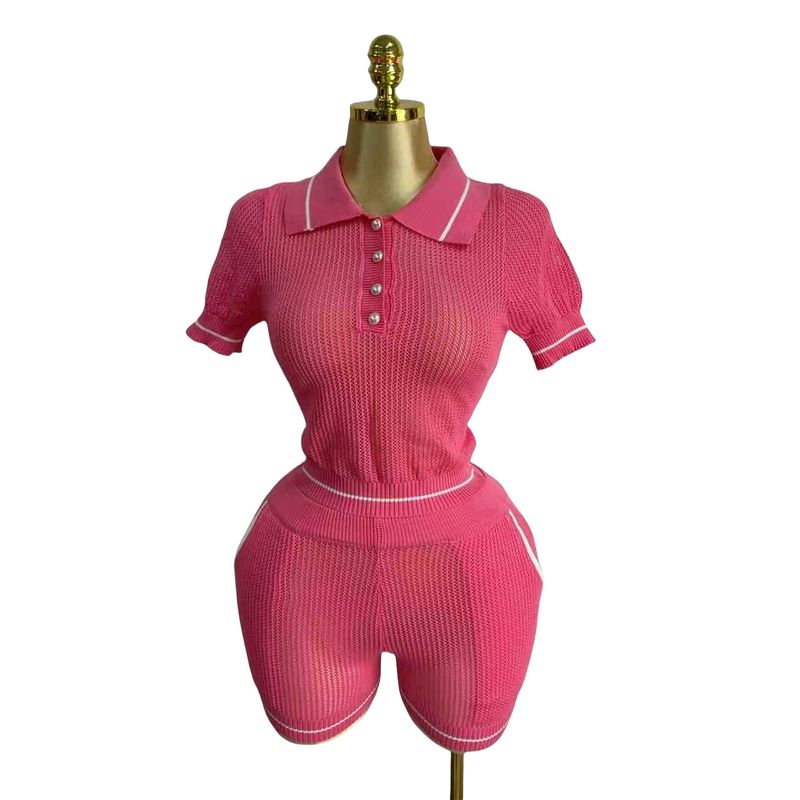 Western Style Fashion Casual Loose Knit Lapel Short sleeve Top Shorts Set Top and Shorts Set