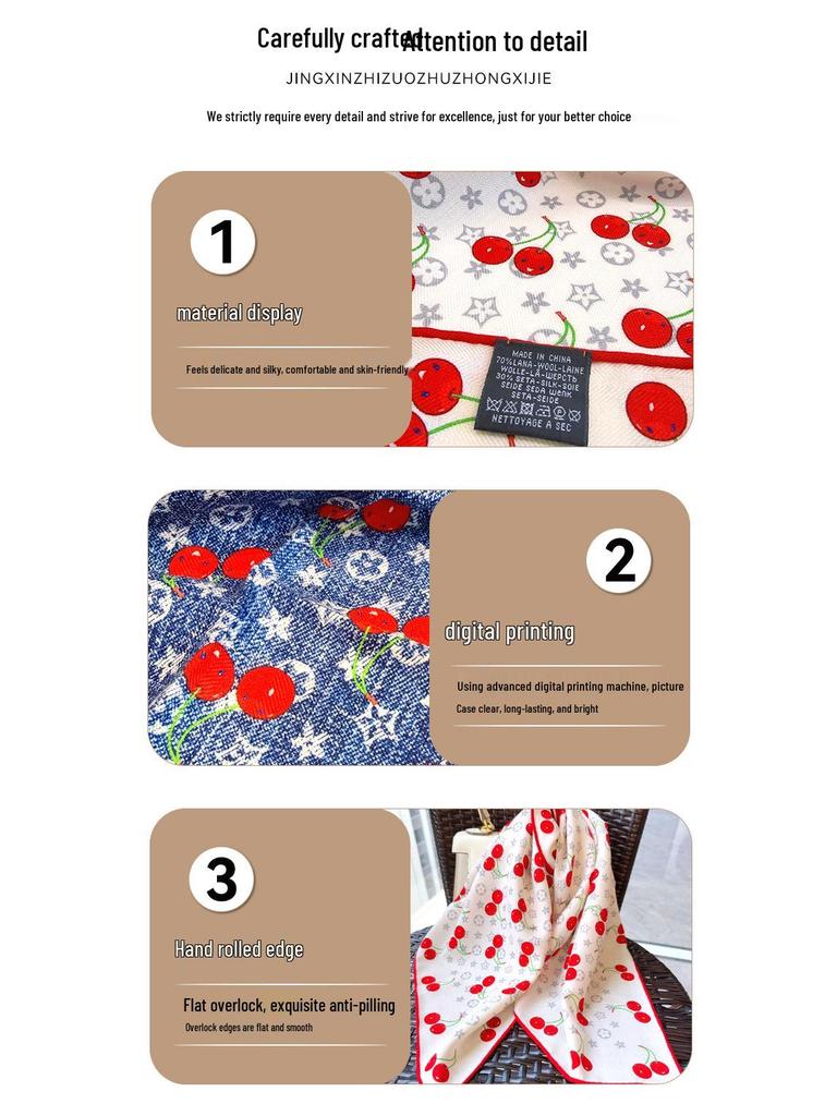 2025 Summer Women's Cherry Mulberry Silk Square Scarf - Elegant Necktie & Neckerchief