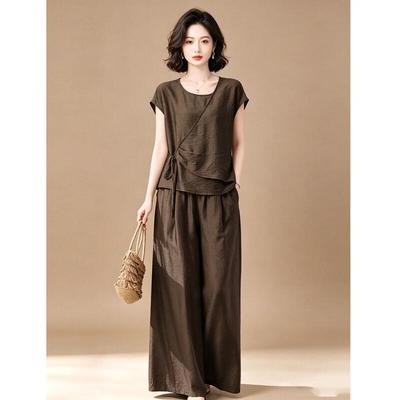 EST+II Women's U-Neck Tie-Waist Short Sleeve Top & Wide-Leg Pants Set