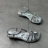 Women Rhinestone Sandals 2026 Summer New Buckle Strap Low Heel Roman Shoes Fashion Lightweight Comfortable Outdoor Casual Shoes