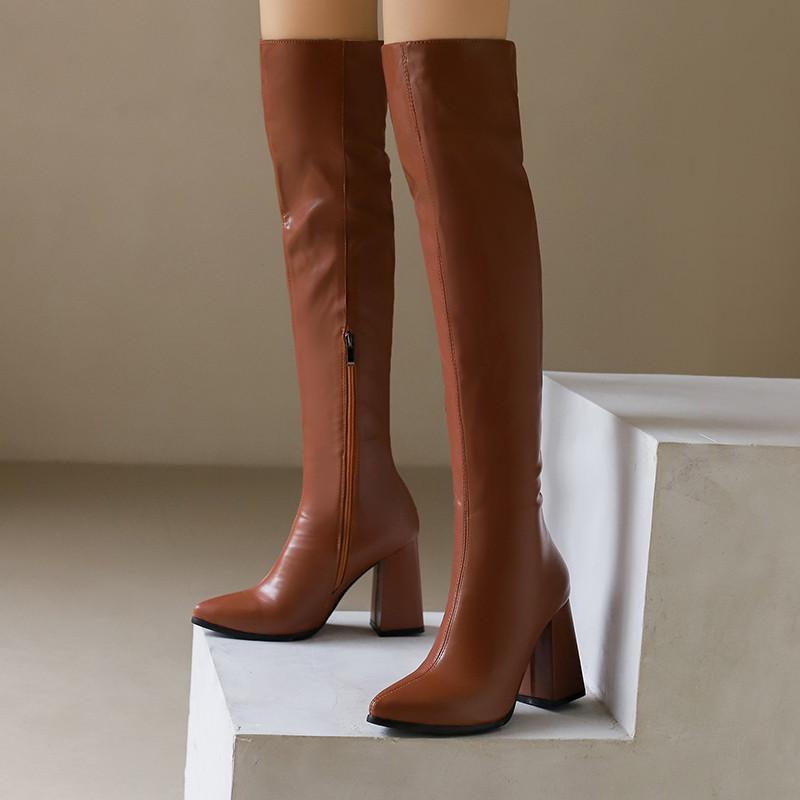 Women's High Heel Boots Autumn and Winter New Simple Everything with Solid Color Thick Heel Large Size Over the Knee Boots
