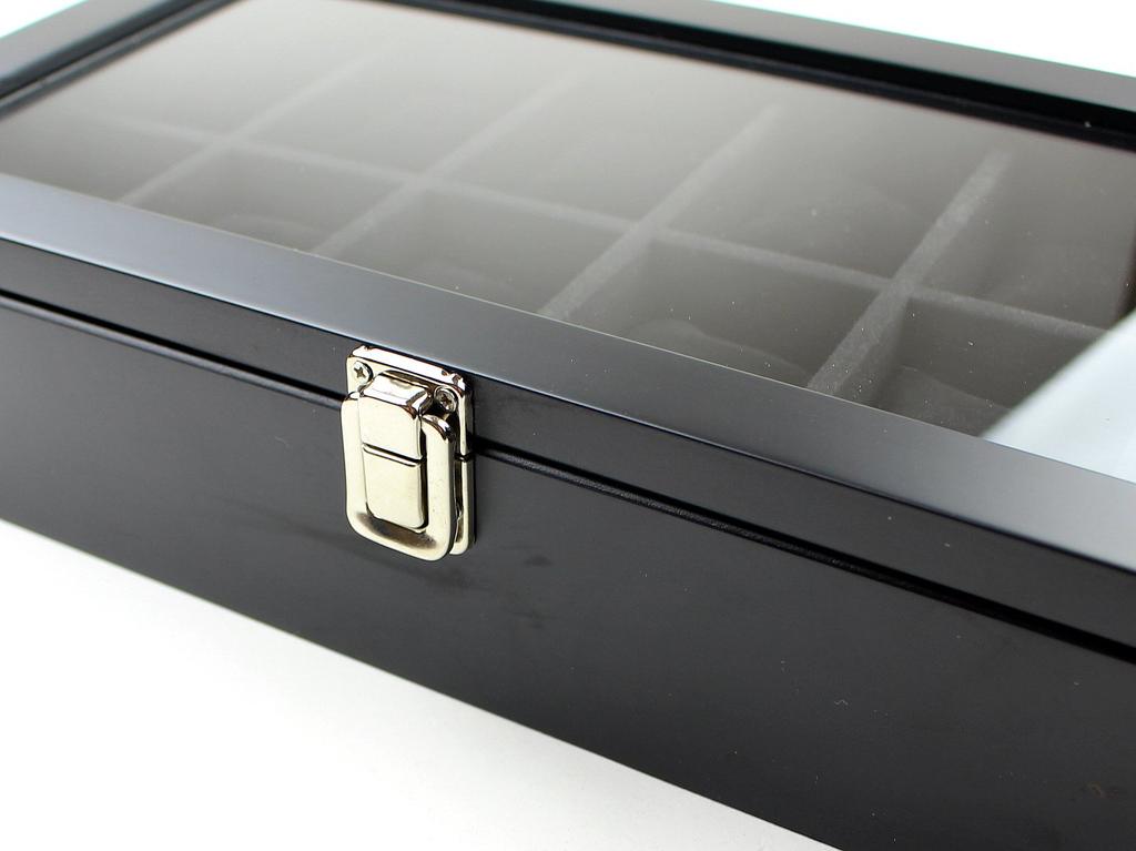 Anberotta Luxusní dřevěná krabička na hodinky pro 12 hodinek se skleněným okénkem AT50, (12 Hodinek/Černá)