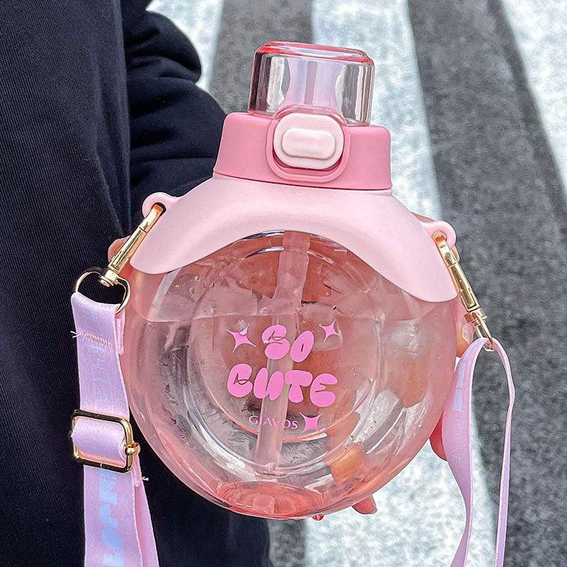 500ML Transparent Flat Water Bottle With Straw BPA Free Cute Summer Portable School Children Fall-proof Plastic Cups
