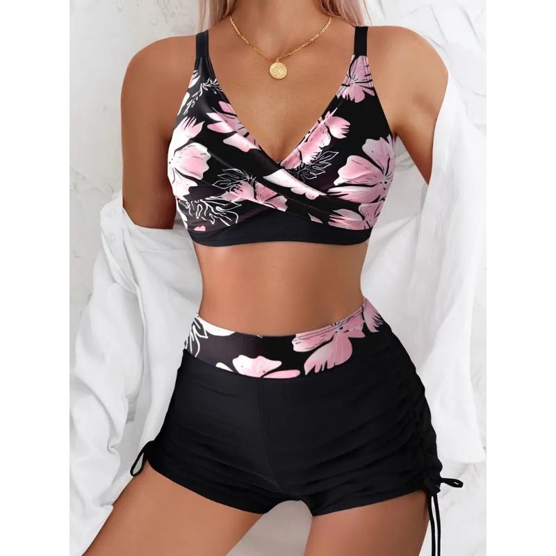 

Женский комплект-танкини с цветочным принтом, V-образный вырез, запах спереди, шорты с высокой талией, купальник из двух частей S розовый