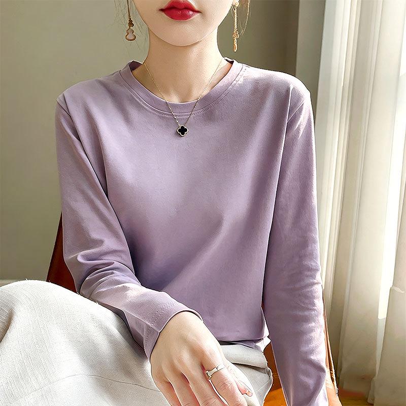 Women's Long-Sleeve Round Neck Loose Base Layer Top, Spring/Autumn Style, Dropped Shoulders, Solid Color