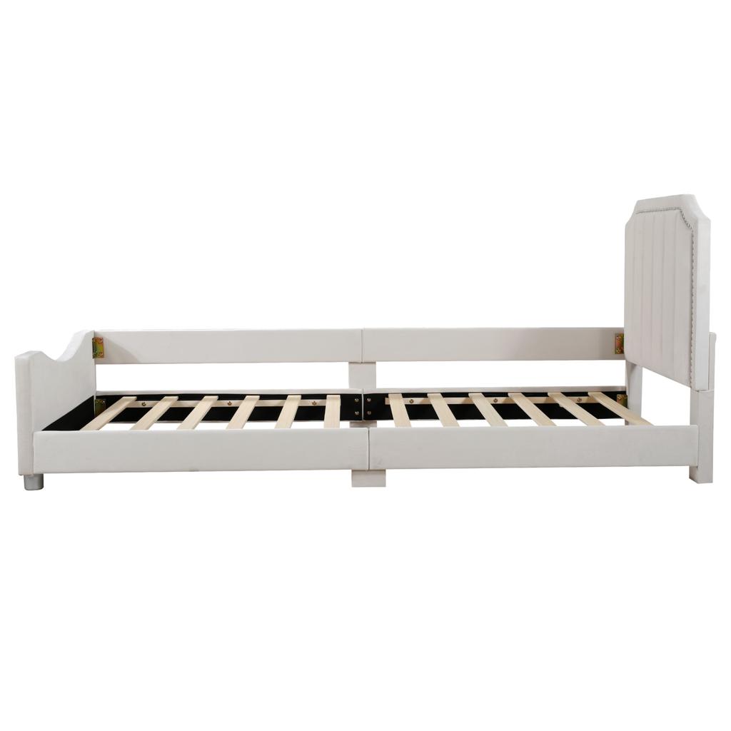 Kids' Bed Upholstered Bed 90*200cm Sleeper Sofa Bed Frame Flannel Multifunctional Soft Bed with Backrest Armrest Parent-Child Youth Guest Bed Beige