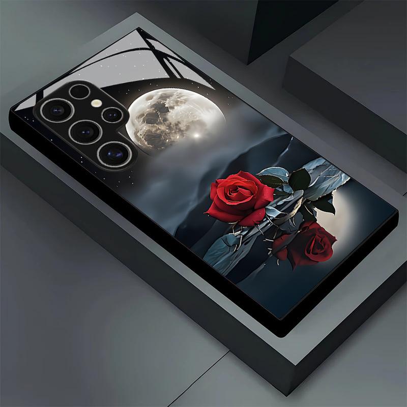 Moon Night Red Rose Pattern Glass Phone Case Suitable for Samsung Galaxy S26 S25 S24 S22 S21 S20 FE/Ultra/Plus Anti Drop