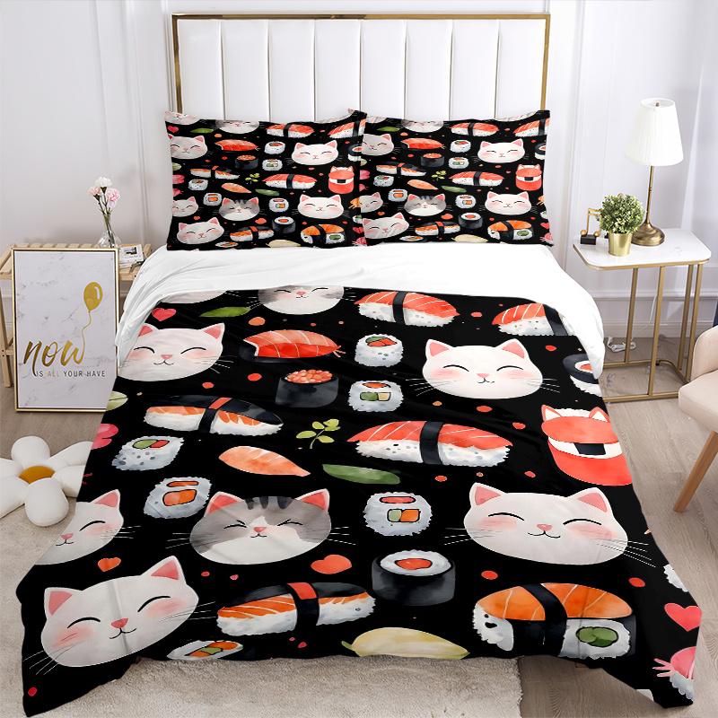 3pcs Cats and Sushi Bedding Set, 1 Soft Quilt Cover + 2 Pillowcases, Machine Washable, Suitable for All Seasons