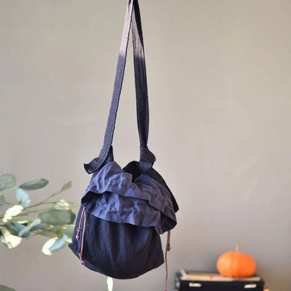 Johnature Two-color Drawstring Buckle Large Literary Handmade Embroidery Thread Cross-shoulder Casual Hand-made Women Buckets