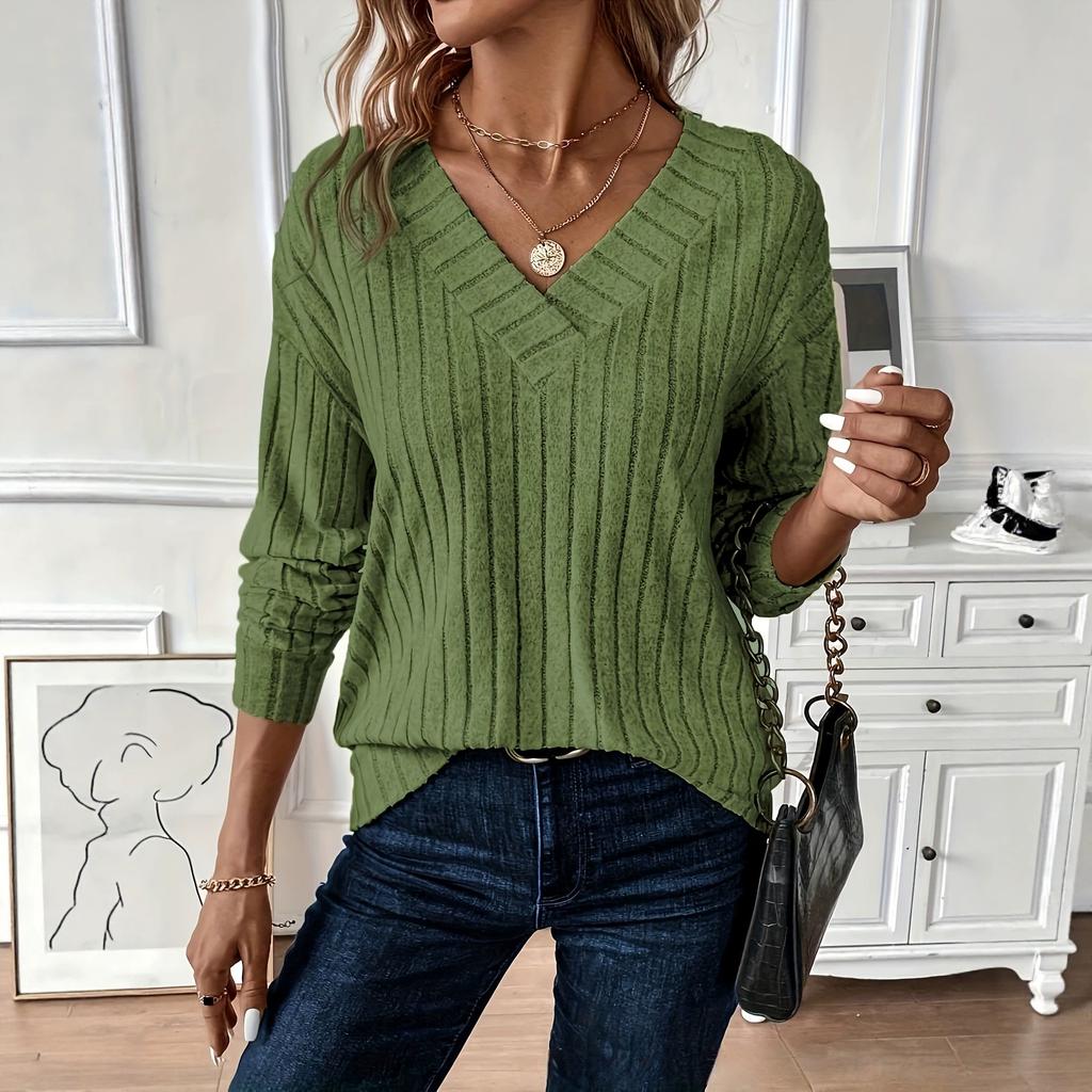 2026 Spring and Autumn Women's Ribbed Knit Solid Color V-neck Drop-shoulder Elegant Long-sleeve Top