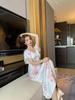 Summer Pajamas Women's Short-sleeved Long Skirt with Chest Pad Sweet Floral Silk French Chiffon New Loungewear