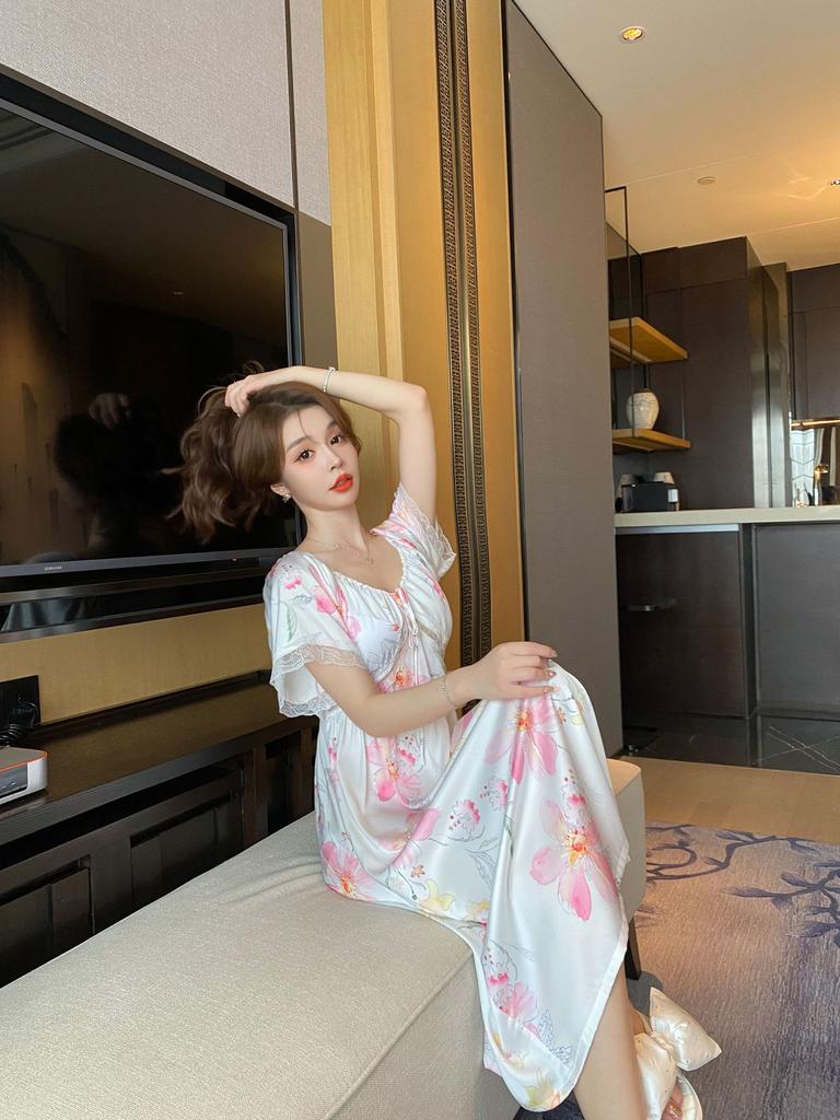 Summer Pajamas Women's Short-sleeved Long Skirt with Chest Pad Sweet Floral Silk French Chiffon New Loungewear