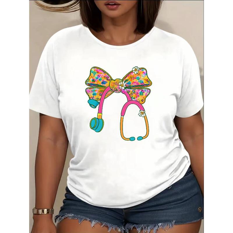 

European size Women S Short Sleeve T-Shirt | White Floral Bow Stethoscope Print, , Casual Wear for Summer Festivals and Holidays 4XL