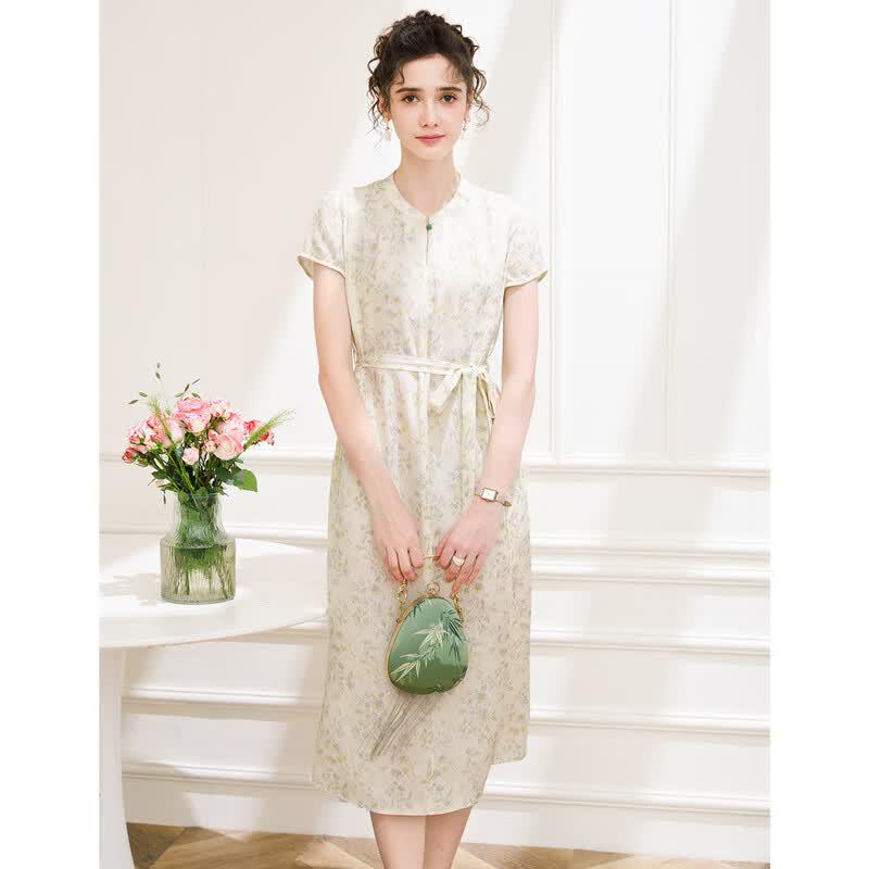 TUHUANG 100% Mulberry Silk New Chinese Style Jacquard Floral A-Line Long Dress