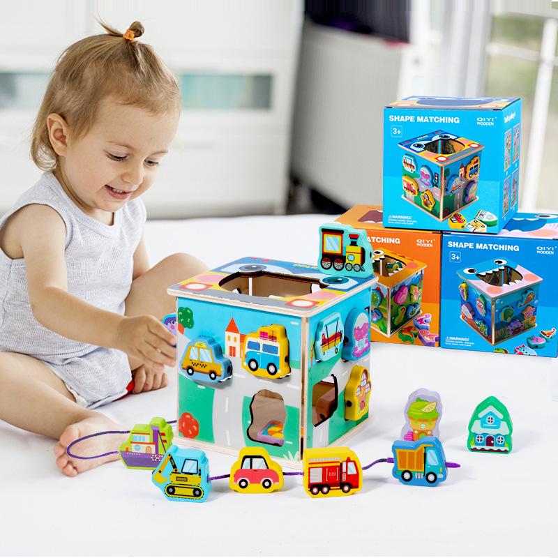 Kids' Wooden Lacing Block Set: Shape Matching Cognitive Toy for Early Education