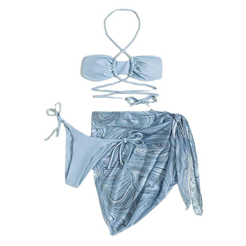 2024 Solid Color Halter Bikini: European & American Sexy Mesh Three-Piece Swimsuit for Women