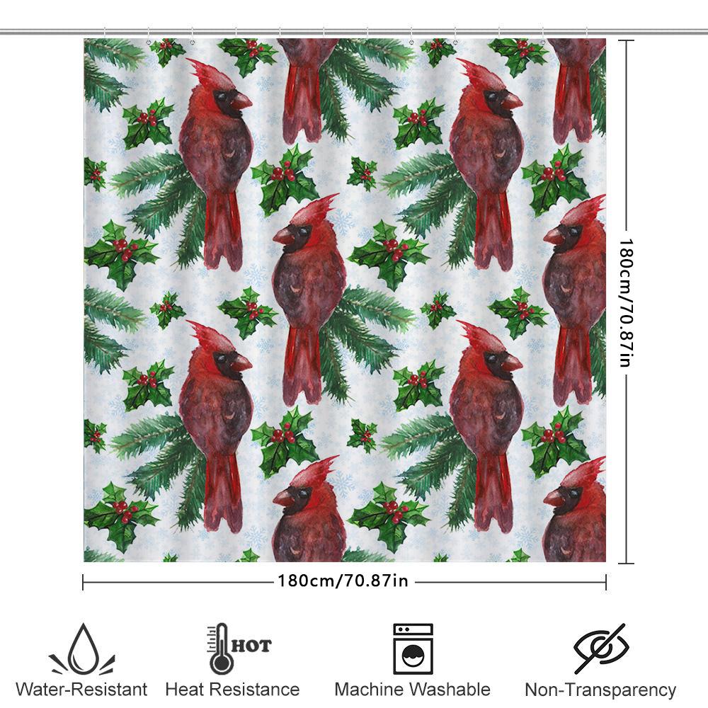 Watercolor Holiday Shower Curtain Featuring Cardinals Holly Christmas Decor For Bathroom Red Floral Design