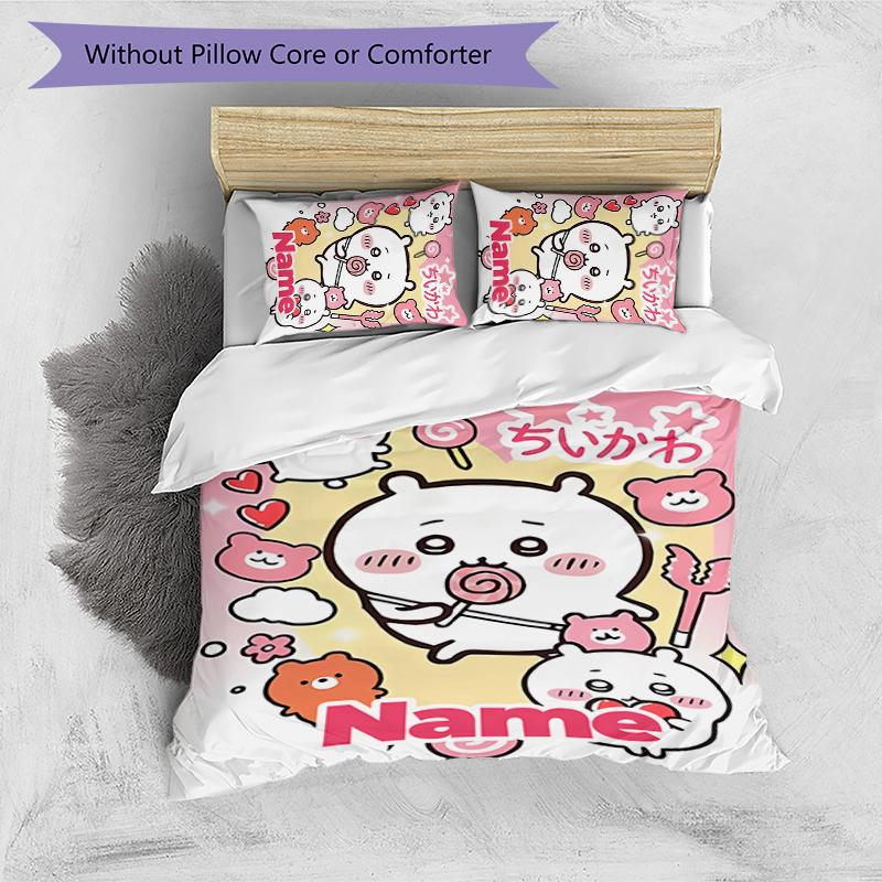 3pcs Custom Name Chiikawa Bedding Set Duvet Cover Closure Includes 1 Duvet Cover & 2 Pillowcases for All Seasons Bedroom Decor