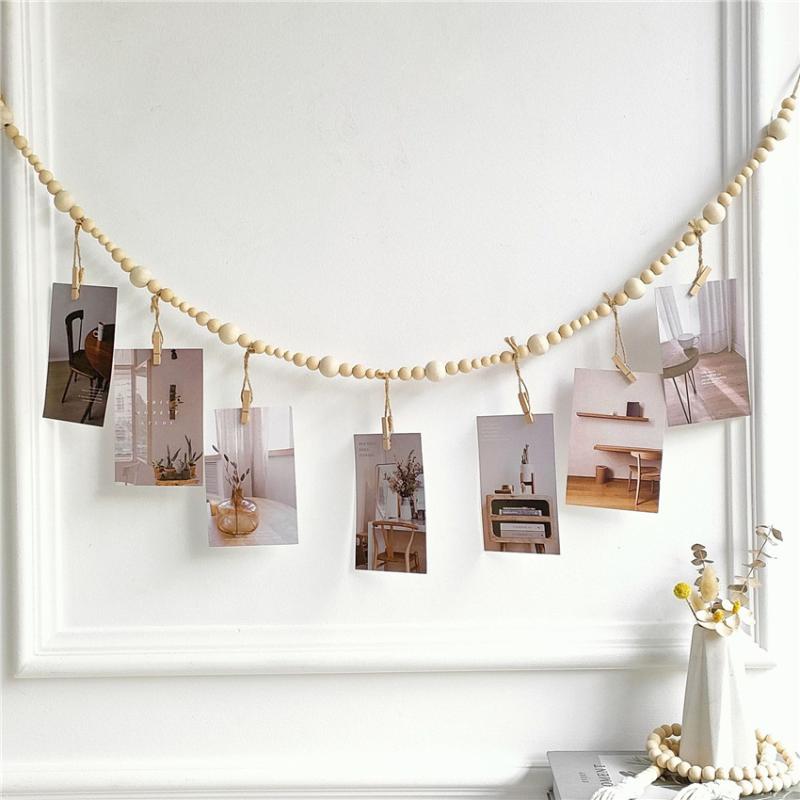 Hanging Photo Display Wooden Bead Garland Boho Wall Hanging For Bedroom Living Room Dorm Party Decor Teen Girl Gifts
