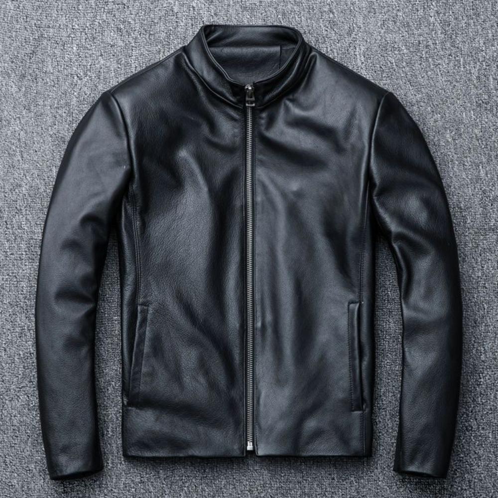 Men's Genuine Leather First Layer Cowhide Stand-up Collar Slim Pure Leather Jacket Simple Dark Brown Coat