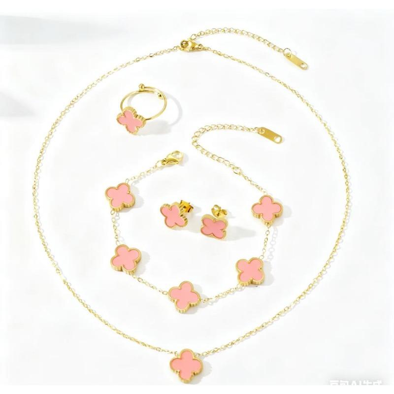 4PCS 13MM Double-Sided Smooth Mother-of-Pearl Four-Leaf Clover Set, Necklace, Bracelet, Earrings And Ring Set, Versatile Jewelry for Women
