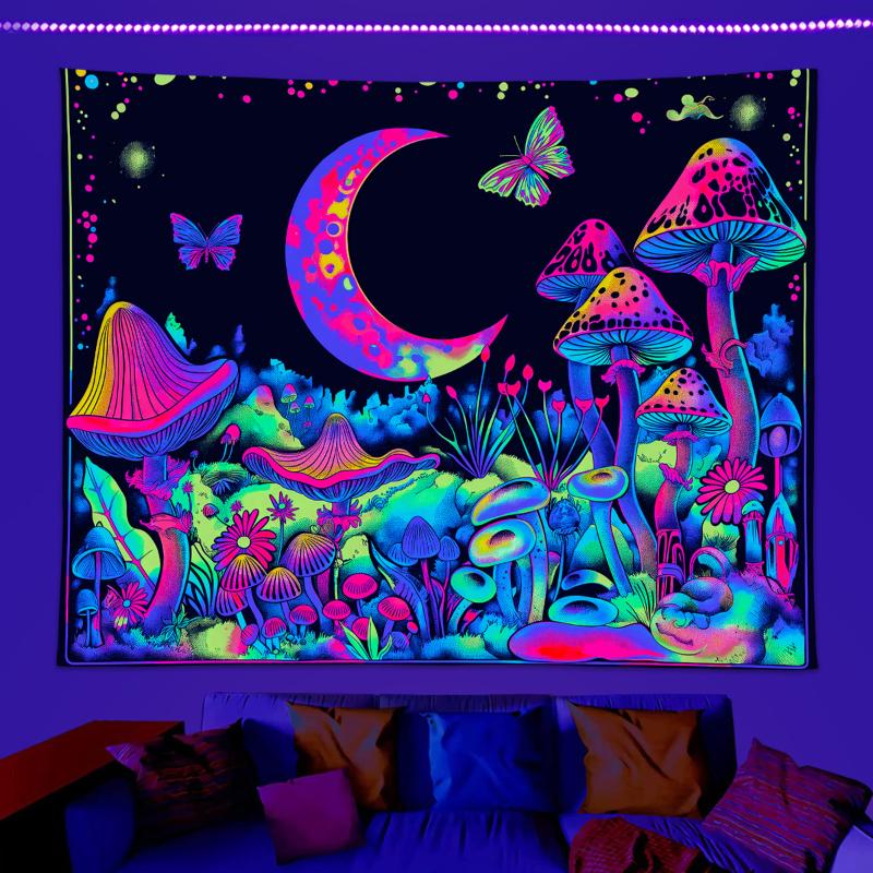 1pc UV reactive mushroom tapestry, plant flower starry sky tapestry, moon phase butterfly neon light effect tapestry