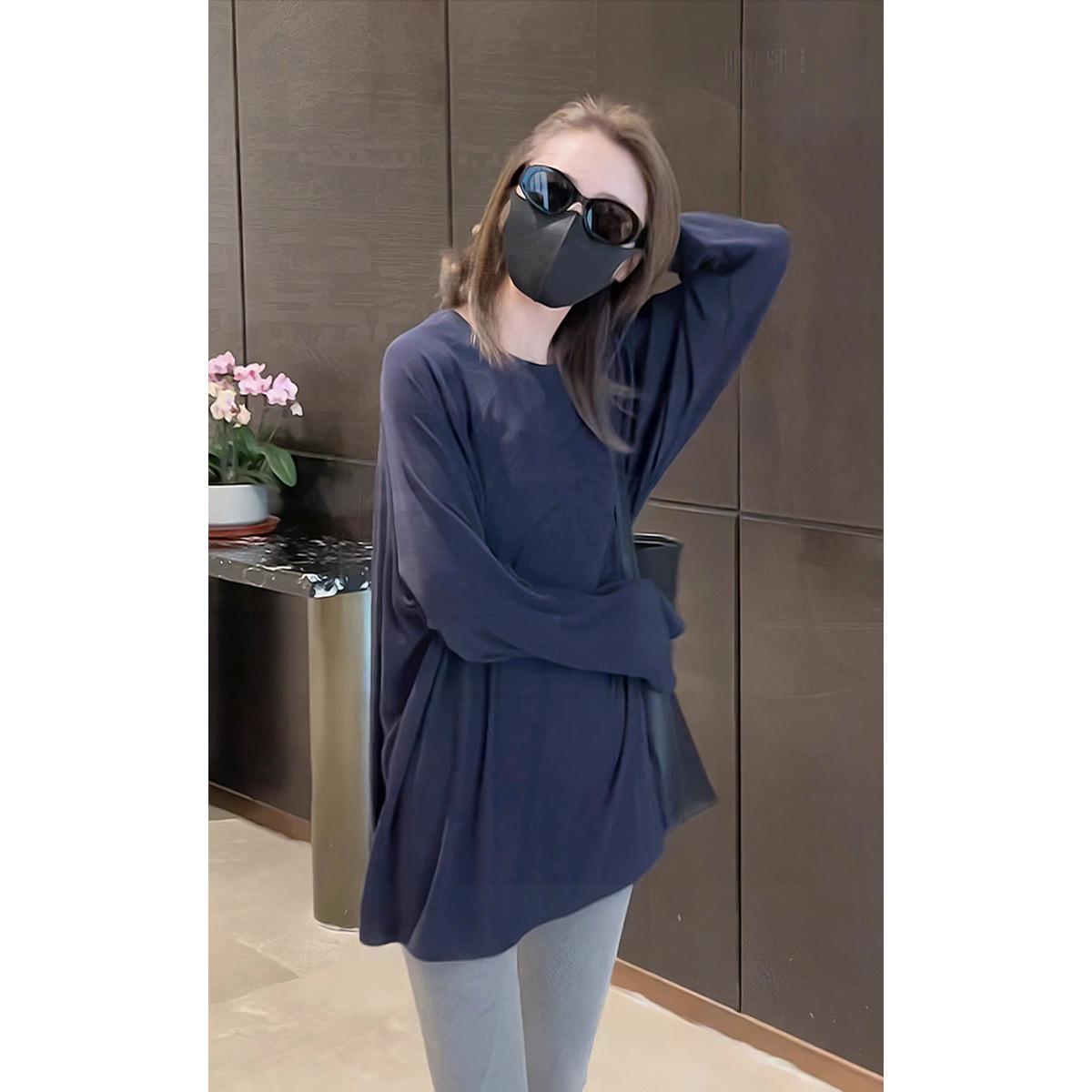 

Women s Early Autumn Versatile Crew Neck Long Sleeve Solid Color Slimming Sun Protection T-Shirt XL темно-синього кольору