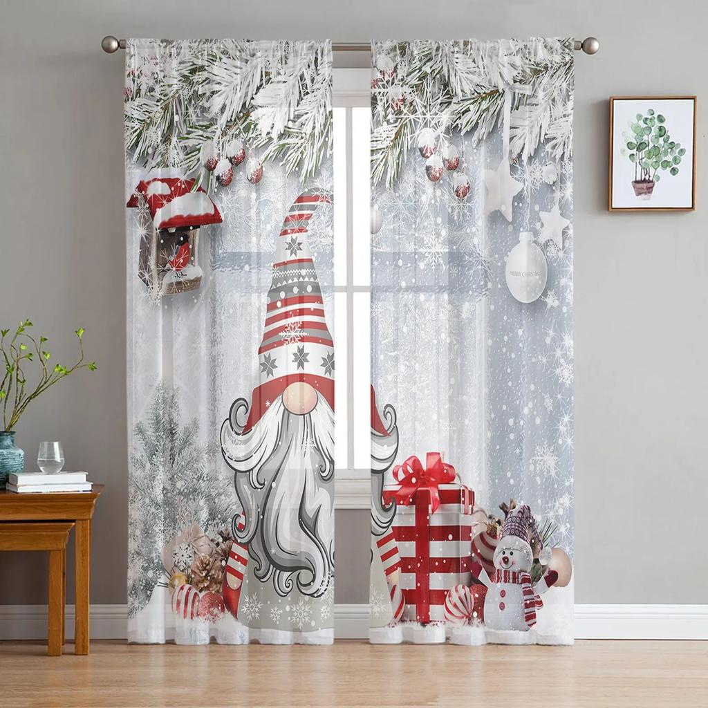 Christmas Snowman Door Balloon Tulle Curtains For Living Room Bedroom Kitchen Decoration Chiffon Sheer Voile Window Curtains