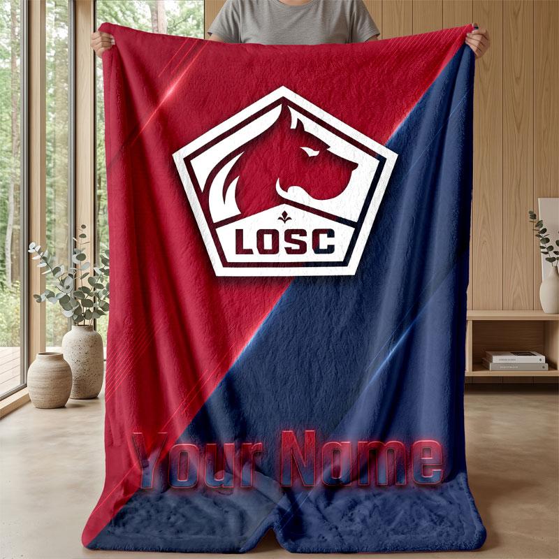 LOSC Lille Custom Name Text Flannel Blanket Soccer Logo Personalized Fleece Throw Blanket Special Gift For Sofa Bedroom Home