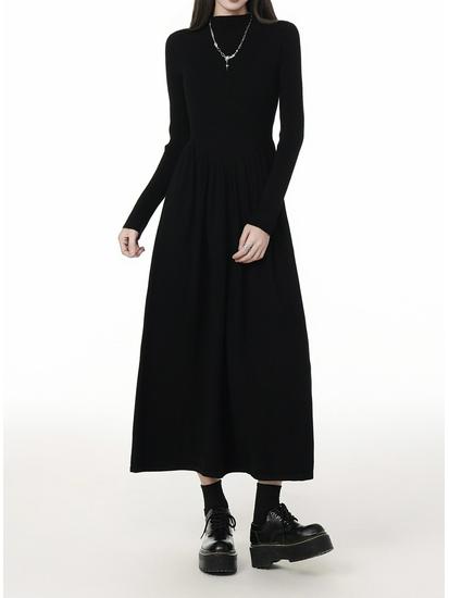 Women's Black High Neck Long Sleeve Bodycon Midi Dress - Petite Waist Slimming 2026 Spring Style