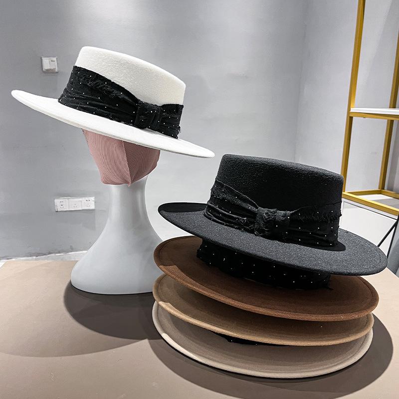 French Rhinestone Satin Top Hat Children Elegant Personality Woolen Hepburn Big Edge Flat Hat Jazz Hat