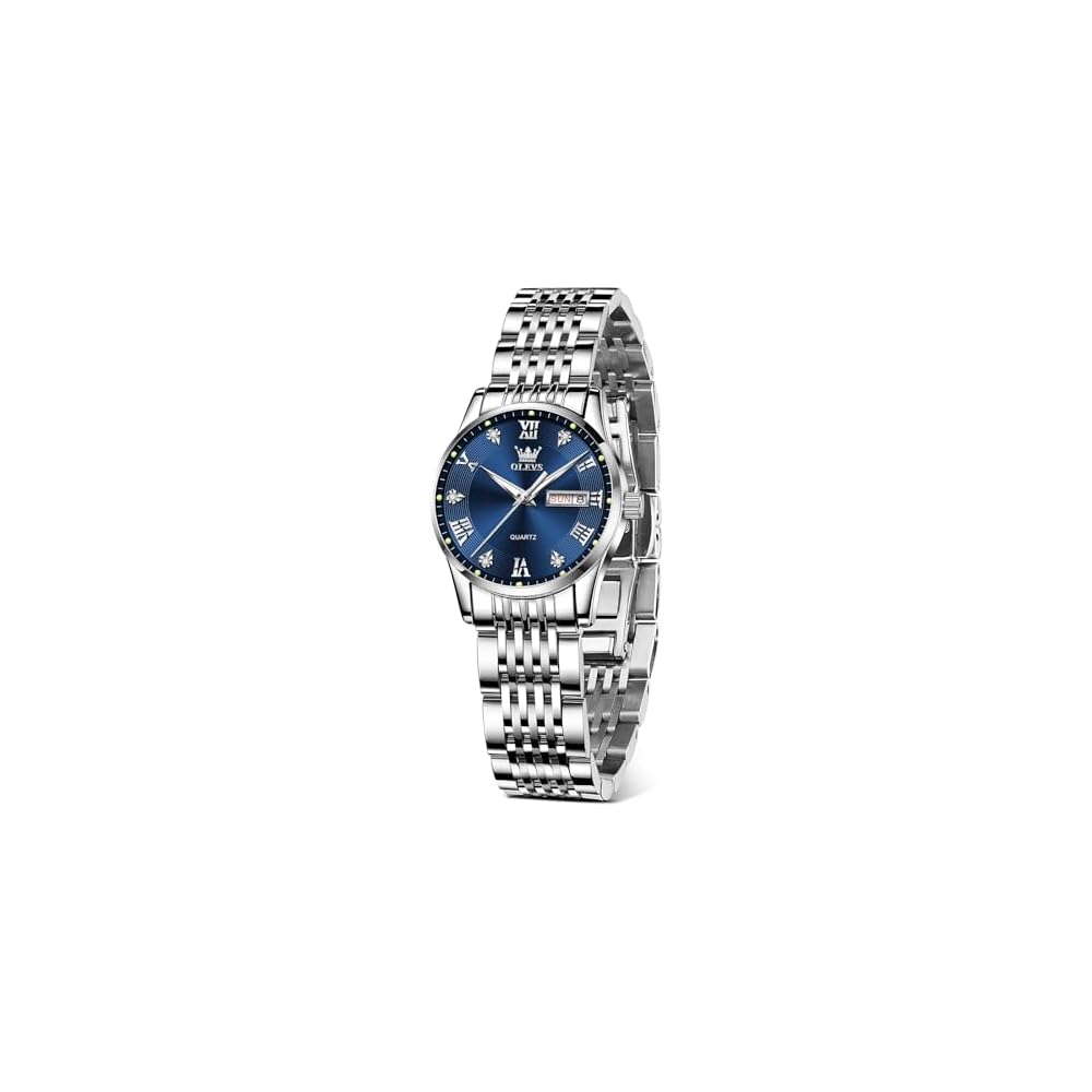 OLEVS Women s Analog Watch Waterproof Luminous Blue Dial Quartz Silver Stainless Steel Band