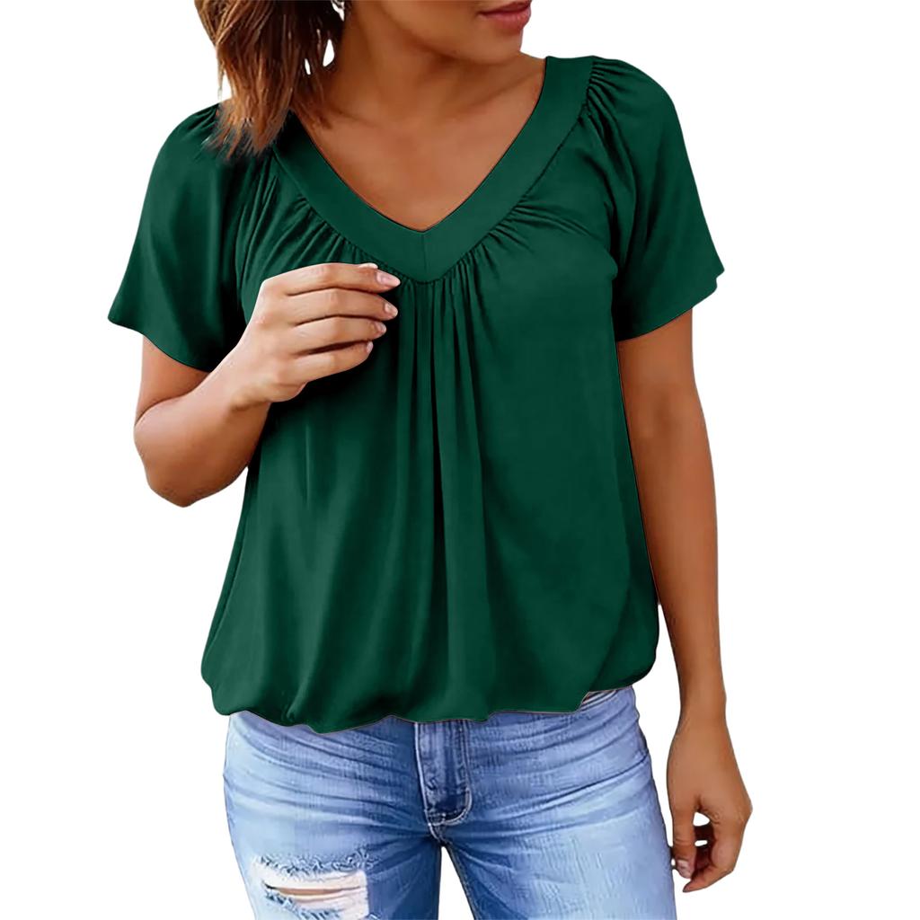 Women’s Short Sleeve V Neck Loose Fit Pleated Blouse Soft Lightweight Casual Top for Daily Office Wear