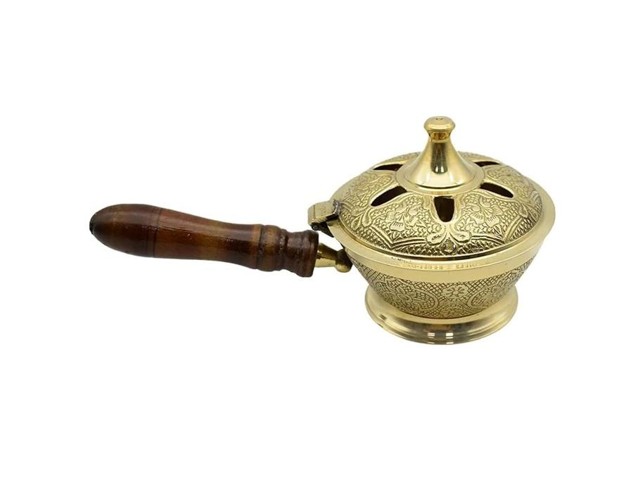 TreegoArt Aarti Sambrani Stand & Loban Dhoop Burner Brass with Wooden Holder for Pooja Use- 7.5 Inches 7.5 Inches Length