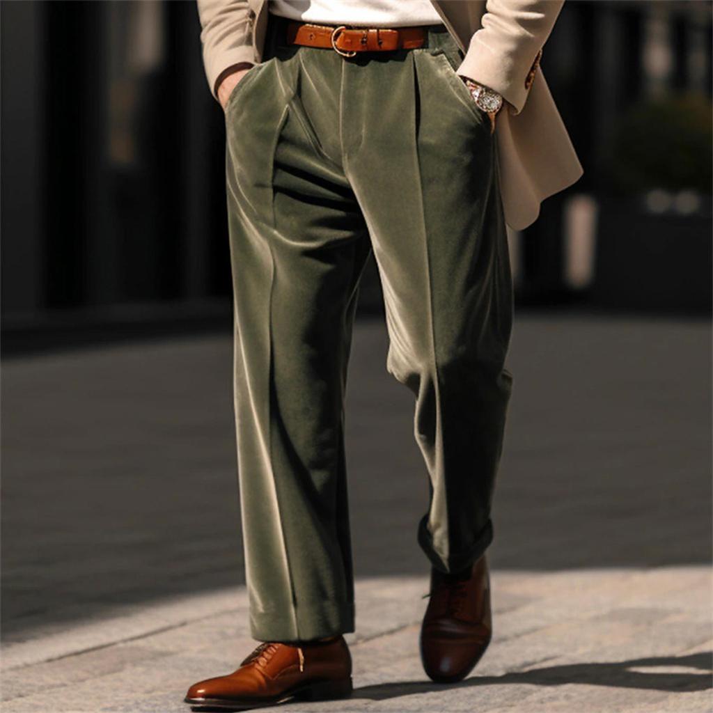 Pantaloni Eleganti da Uomo in Velluto a Gamba Dritta con Tasche Anteriori per Affari e Vacanze