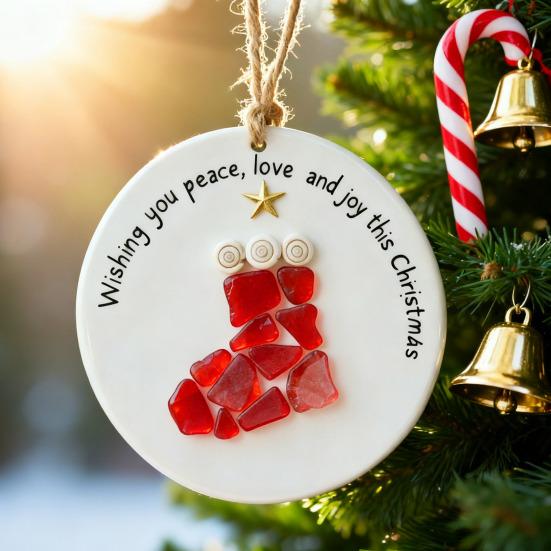 Sea Glass Christmas Ornament Handcrafted Sea Glass Santa/Candy Cane/Tree/Gingerbread Hanging Decor Acrylic Coastal Ornament for Xmas Tree Decor