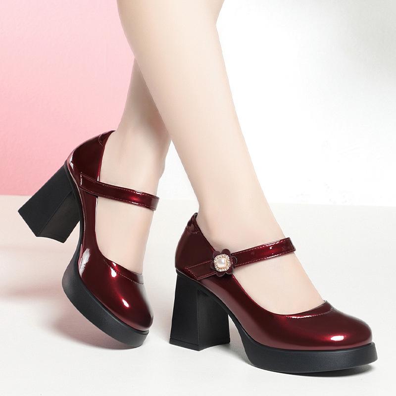 College Style Thick Sole Waterproof Platform Sweet Shoes Thick Heel Women One-word Buckle High-heeled Soft Leather Shoes