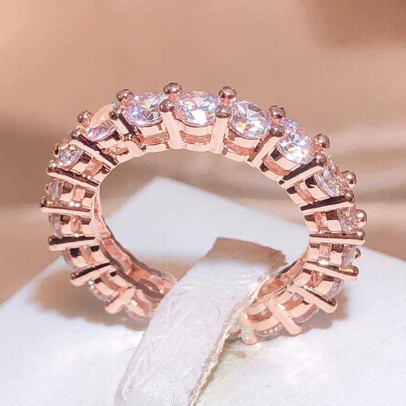 925 Stamp Fashion White Zirconia Row Diamond Ring Women Slim Rose Gold Ring Party Wedding Birthday Gift