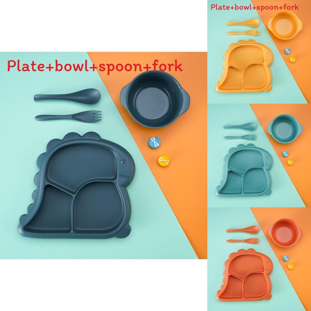Cartoon Dinosaur Three Compartments Dinner Plate Spoon Fork Bowl Cutlery Set For Kids