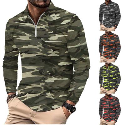 Men's Camouflage Sweatshirt Polo Shirt Zip Pocket Men's Long Sleeve Sports Polo
